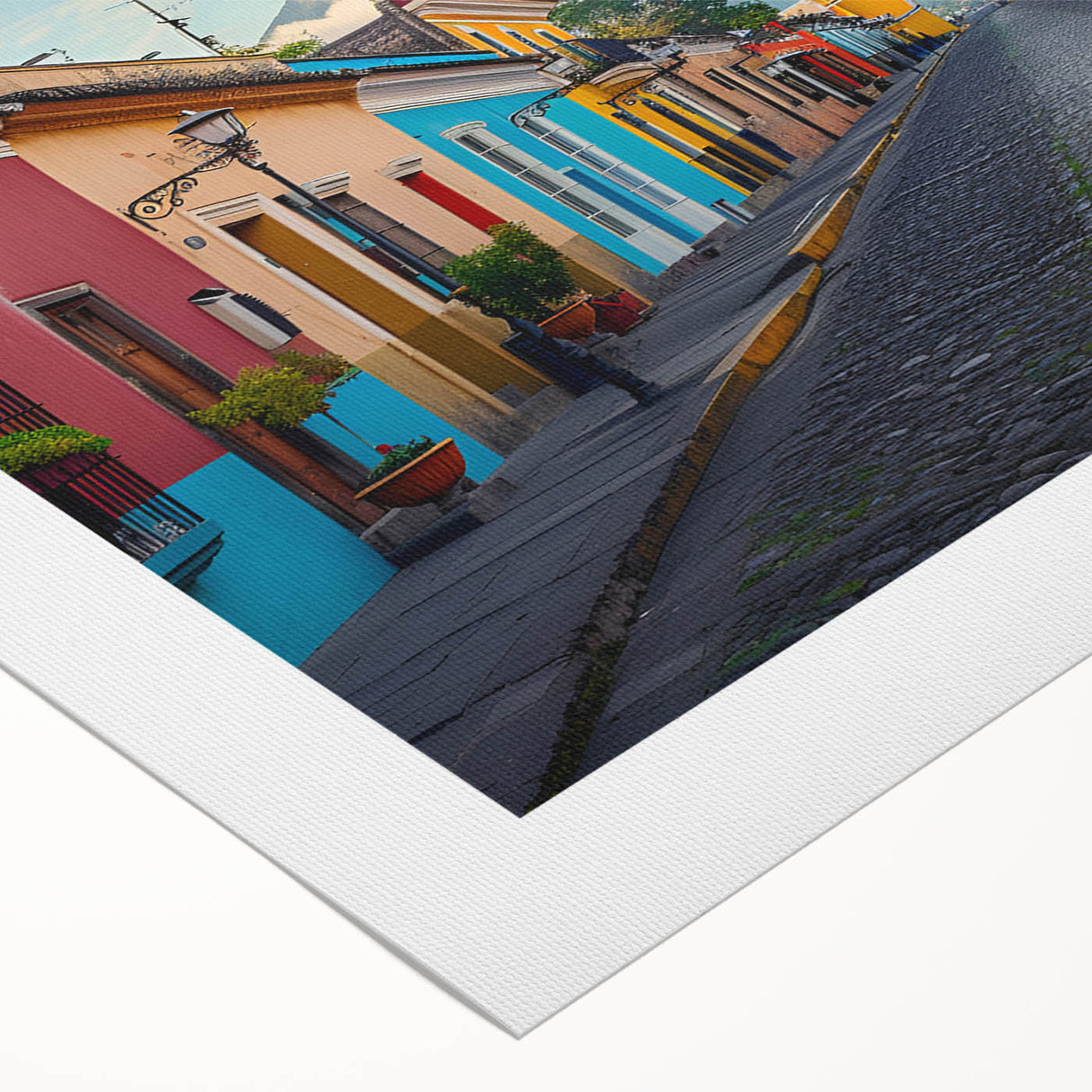 Art deco poster of a Central American scenery in muted earth tones on rolled canvas, suitable for dining room decor.