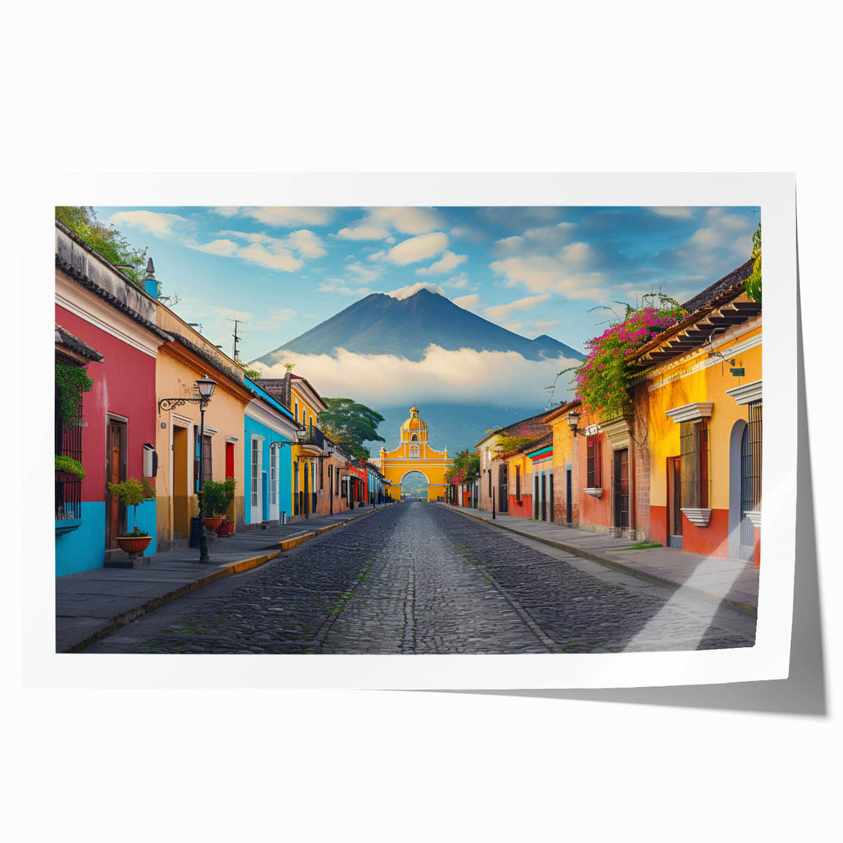Extra large rolled print of a Central American landscape with vibrant floral elements, ideal for art wall dining room.