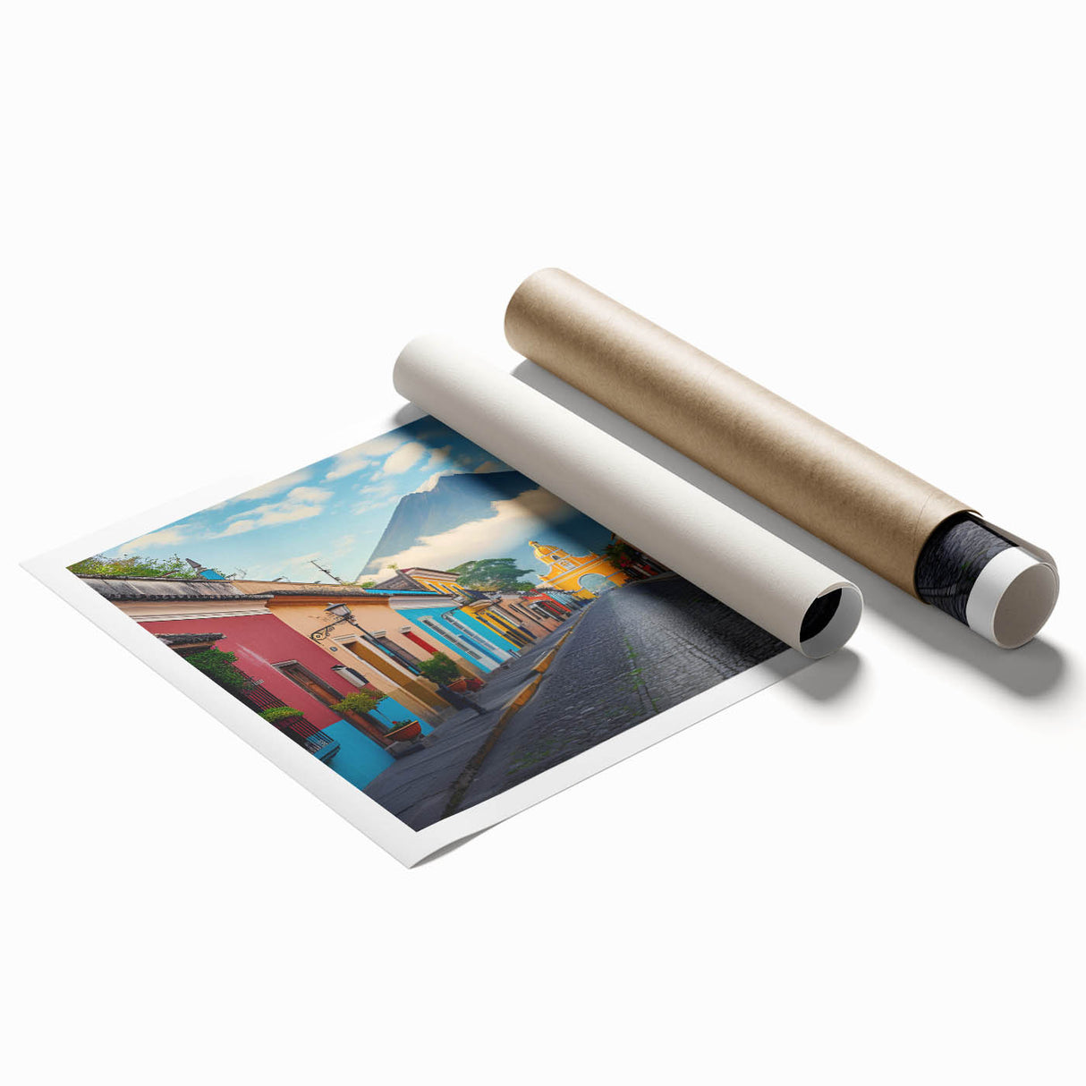Extra large rolled print of a Guatemalan landscape with vibrant floral elements.