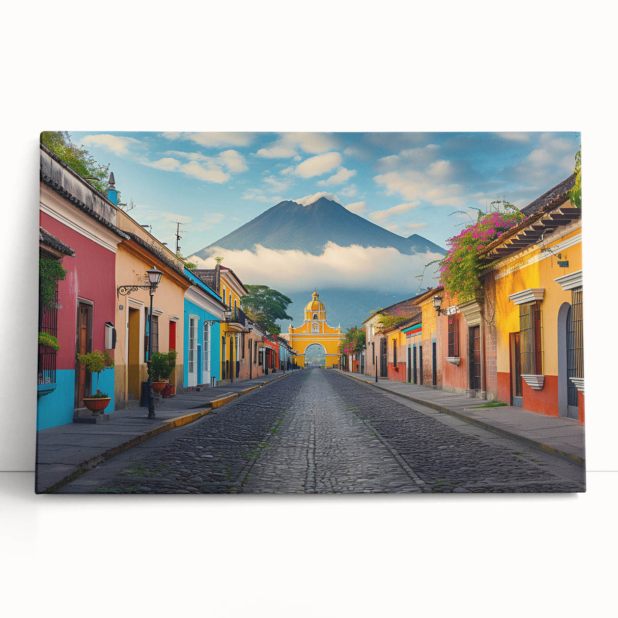 Black and white photograph of a Guatemalan landscape on stretched canvas, ideal for kitchen wall art.