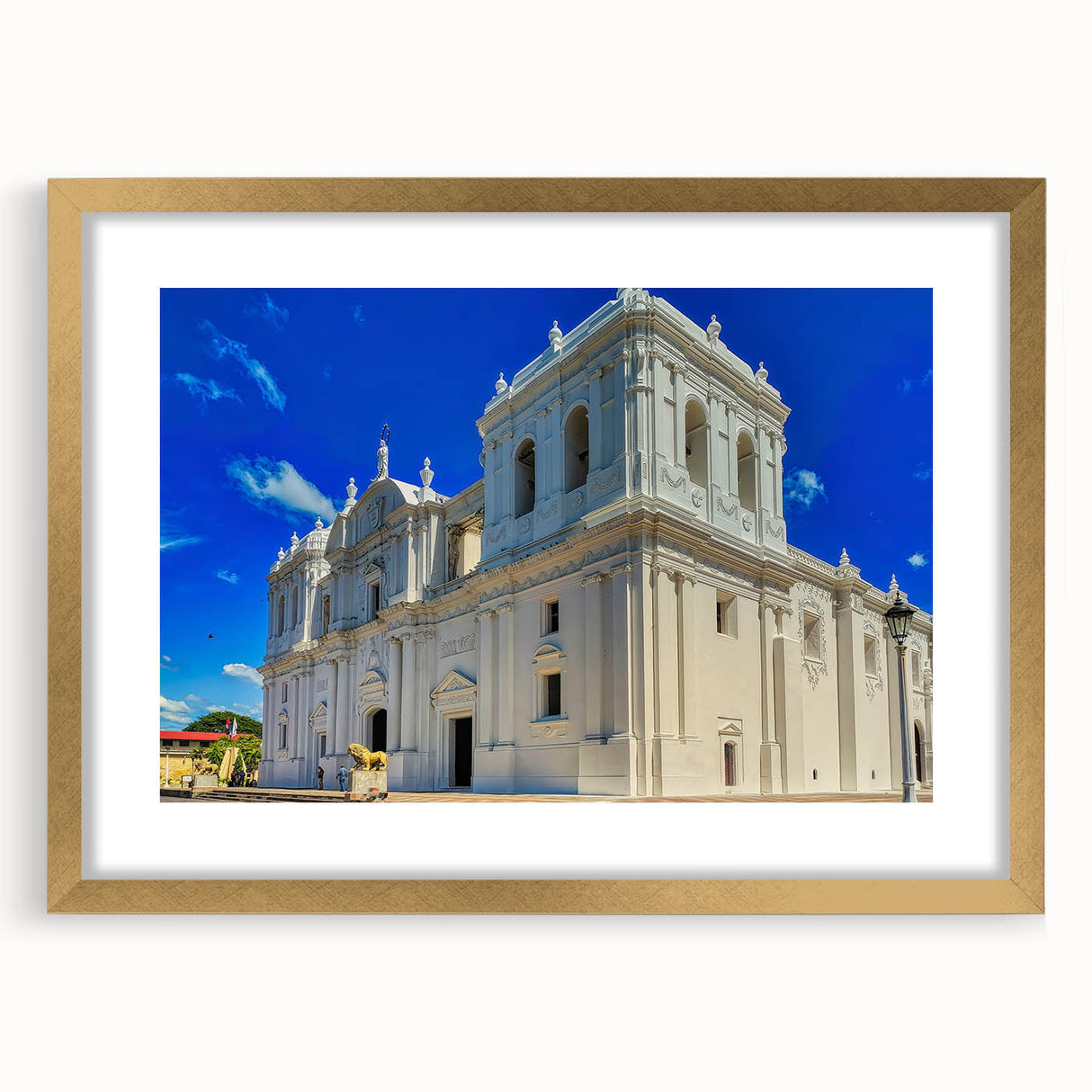 Extra large canvas featuring abstract art print of Central America scenery in textured gold frame.
