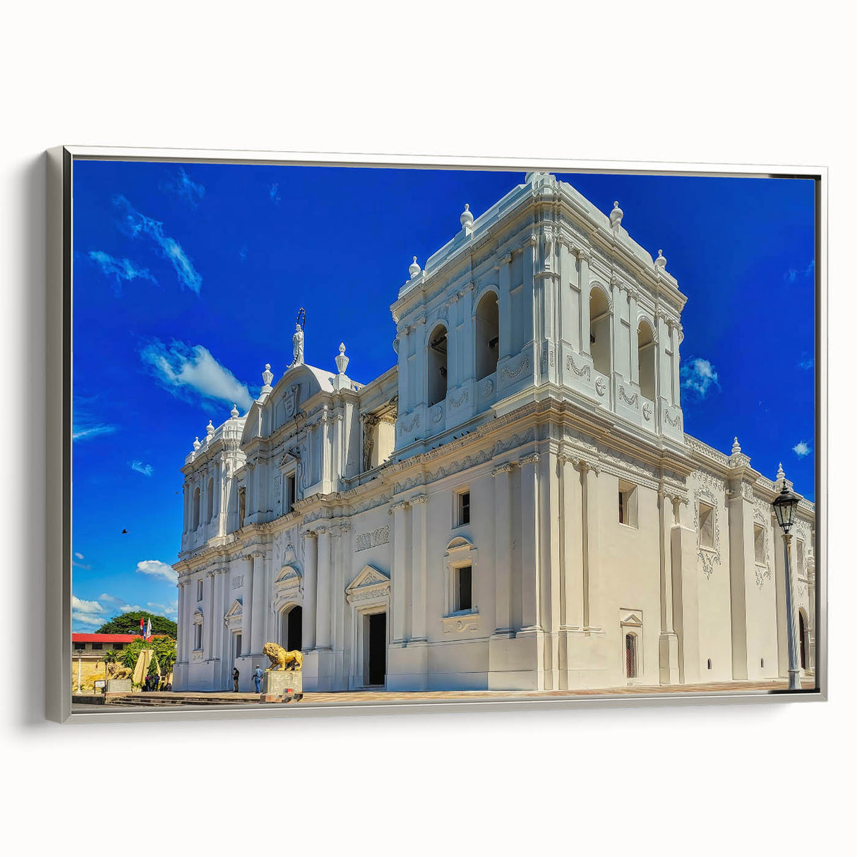 Framed canvas depicting a black and white Central American landscape, ideal for kitchen wall art or bedroom decor.