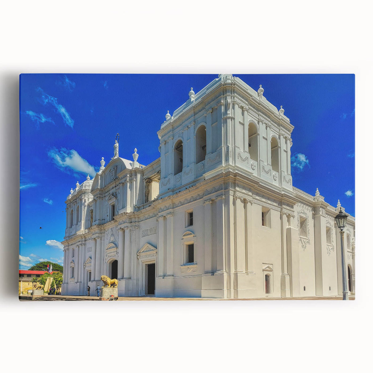 Landscape art painting depicting a vintage-style Nicaraguan scene with colorful details on a stretched canvas.
