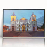 Mid-century modernist art featuring a stylized Panama landscape in muted earth tones on a silver-framed acrylic print.