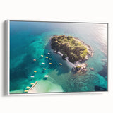 Vintage poster art of an Albanian scenery on a framed canvas, featuring vibrant colors ideal for living room decor.