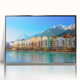 Framed acrylic print featuring a scenic view of an Austrian landscape, in muted earth tones, ideal for nursery wall art.