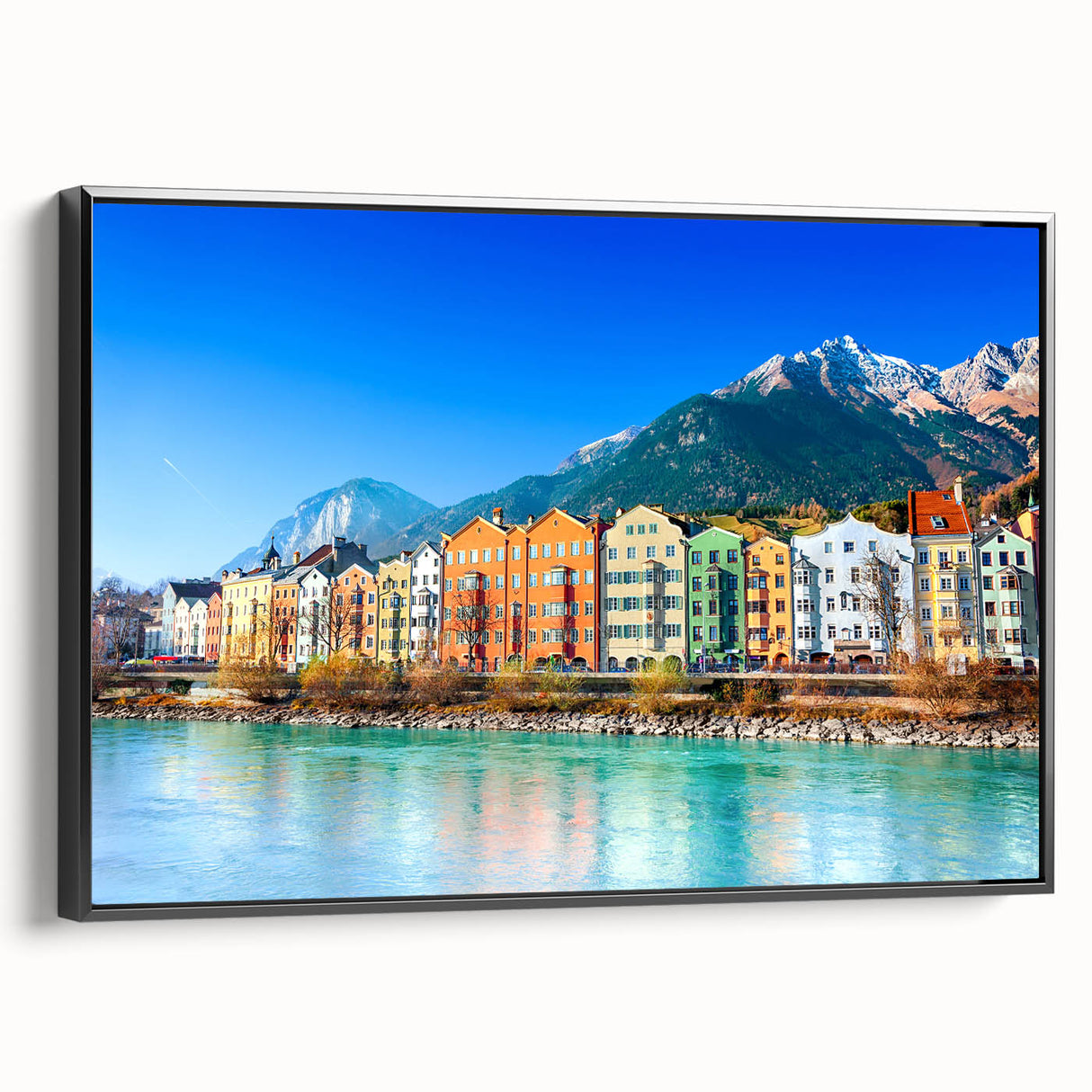 Black and white wall art featuring a vintage Austrian landscape on framed canvas, ideal for bedroom decor.