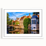 Textured abstract art print of a European scenery in muted earth tones, framed with a white mat, ideal for bedroom art.
