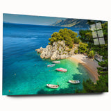 Acrylic print of a serene Croatian landscape in soft blue and green tones, ideal for bedroom or dining room art.
