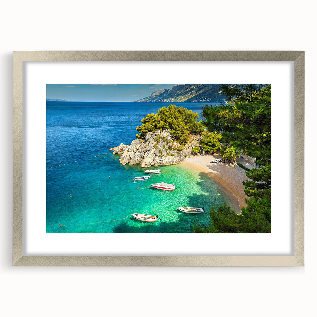Extra large abstract art print of a Croatian landscape in muted earth tones, framed in silver, ideal for living room decor.