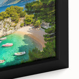 Extra large framed canvas of a textured Croatian landscape in black with colorful accents, ideal for living room decor.