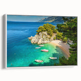 Vintage poster art depicting a scenic view of Croatia on a framed canvas, with vibrant colors, ideal for living room decor.
