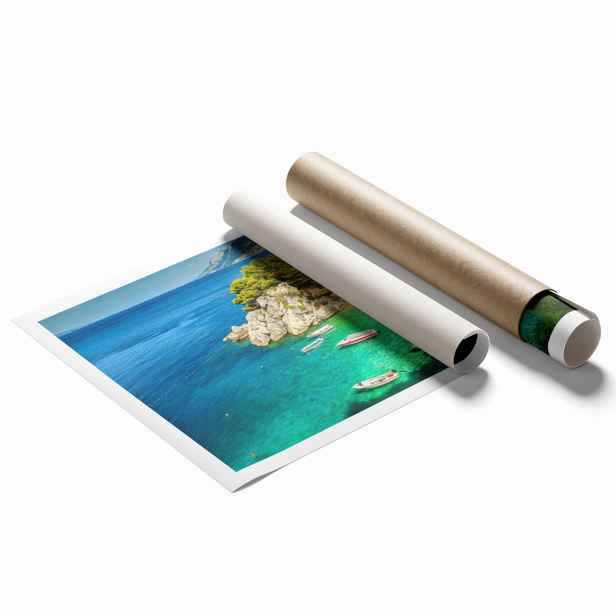 Extra large rolled print of a Croatian landscape with floral elements in soft pastel colors.
