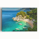 Black and white photograph of a Croatian coastal town on stretched canvas, ideal for kitchen wall art.