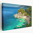 Side-view of a stretched canvas depicting a serene Croatian landscape in muted earth tones, ideal for kitchen wall art.