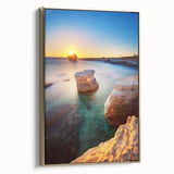Framed canvas featuring a vintage-style landscape painting of a Cyprus scene, with muted earth tones.