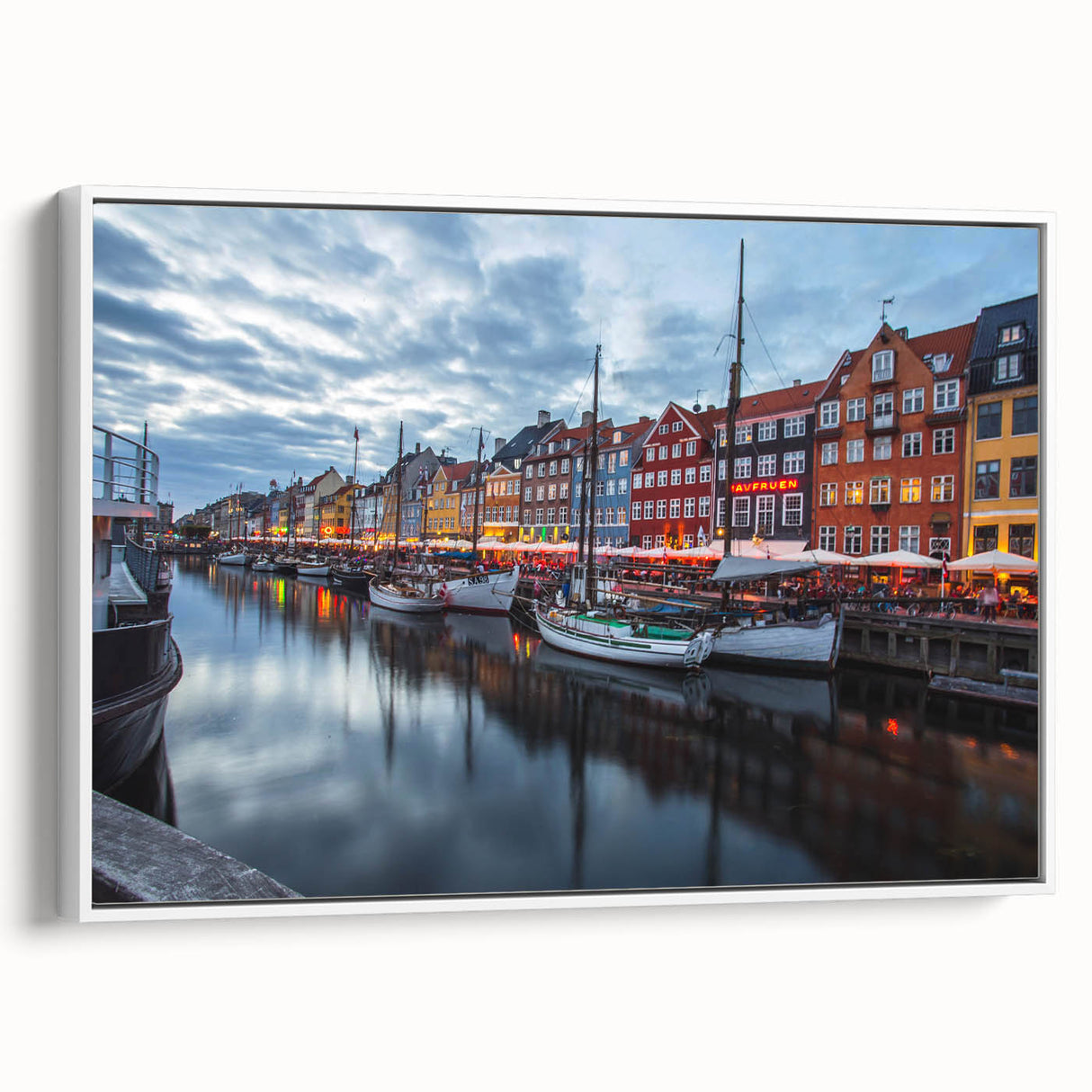 Vintage poster art of a scenic Denmark landscape in vibrant colors on a large framed canvas, ideal for living room decor.
