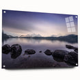 Acrylic print of a serene Cumbria landscape in muted green and blue tones, ideal for bedroom or dining room decor.