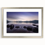 Extra large abstract art print of Cumbria, England, in muted earth tones on a textured canvas, framed in silver.
