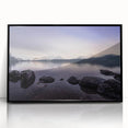 Large abstract wall art depicting a serene Cumbrian landscape in muted earth tones, framed in black acrylic.