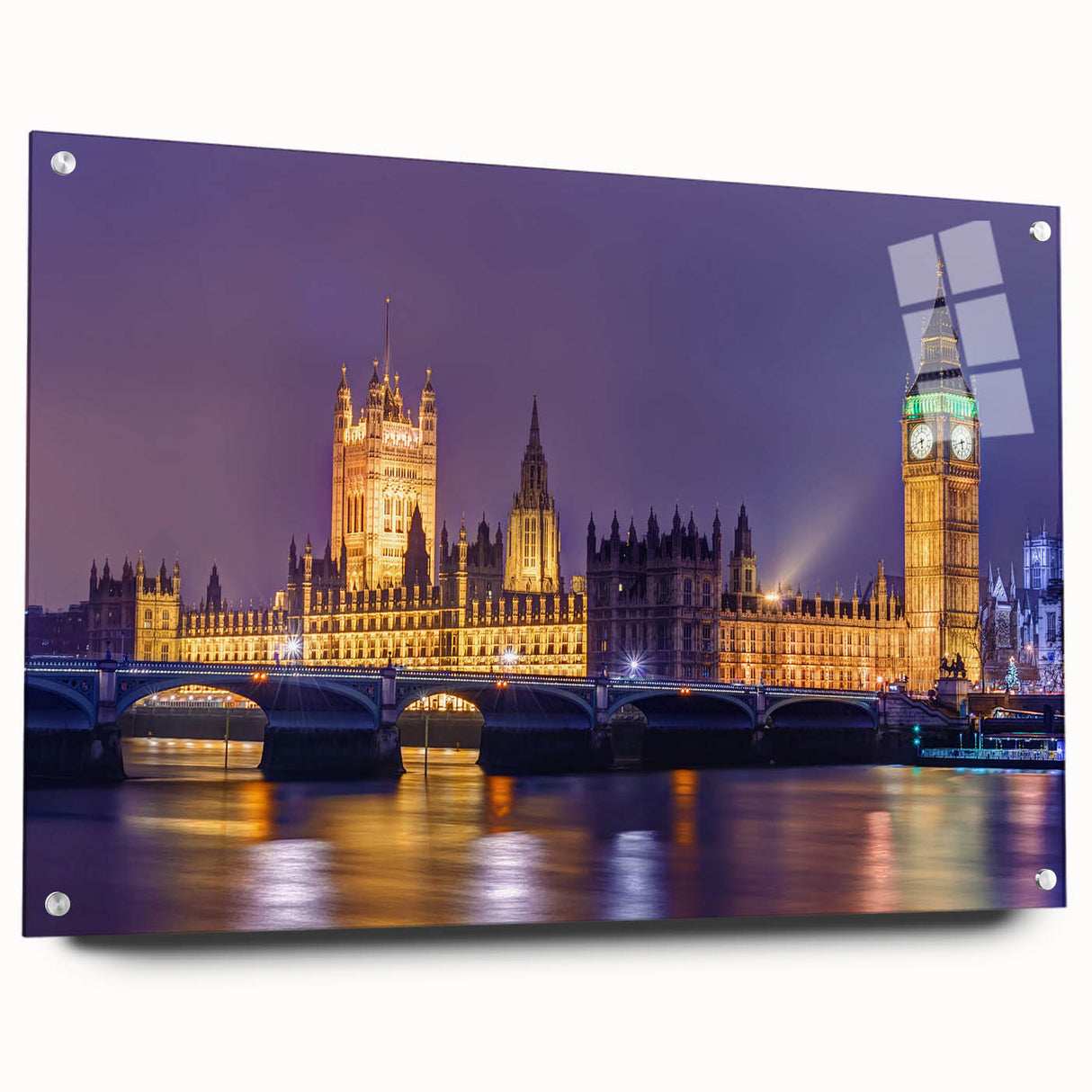Acrylic print of a London cityscape featuring muted gray and blue tones, ideal for dining room decor.