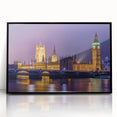 Large abstract wall art depicting a stylized London skyline in muted gray and blue tones, framed in black acrylic.