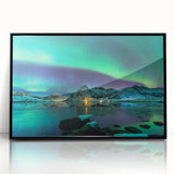 Large abstract wall art of a Finnish landscape in muted gray and blue tones, framed in black acrylic.