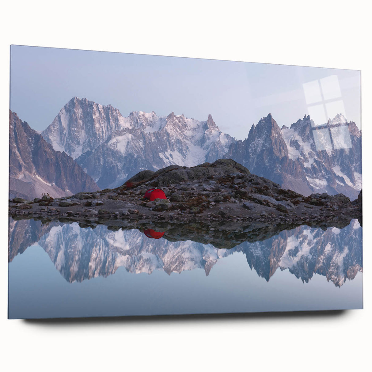 Acrylic print of the French Alps with prominent green and white tones, suitable for bedroom or dining room decor.