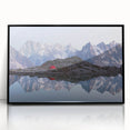 Large abstract wall art depicting the French Alps in muted gray and blue tones, acrylic print in a black frame.