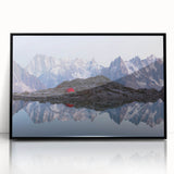 Large abstract wall art depicting the French Alps in muted gray and blue tones, acrylic print in a black frame.