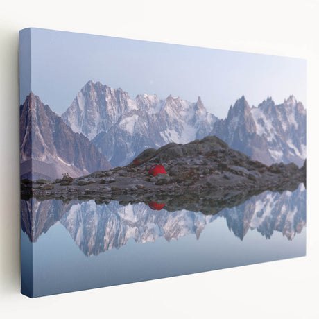 French Alps landscape on large stretched canvas, featuring serene green and blue tones, suitable for kitchen wall art.