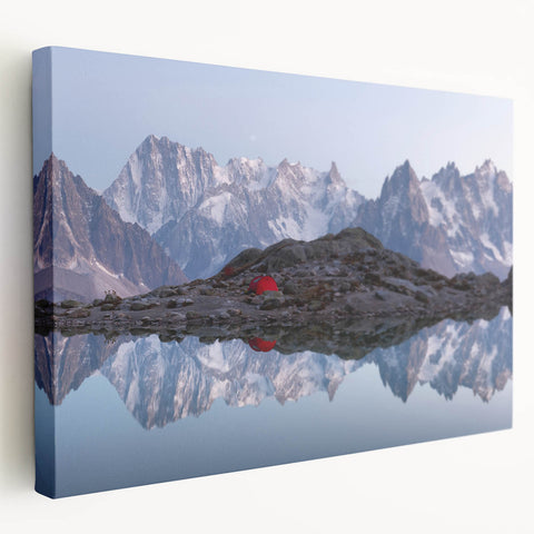 French Alps landscape on large stretched canvas, featuring serene green and blue tones, suitable for kitchen wall art.
