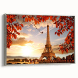Landscape art painting of Paris with Eiffel Tower, in colorful and vintage poster style on framed canvas.