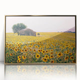 Mid-century modernist art depicting a serene Provence landscape in acrylic, framed in gold, ideal for nursery wall art.
