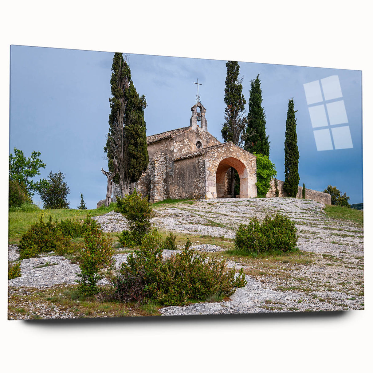 Large abstract wall art of a scenic Southern France landscape in muted colors on acrylic glass.