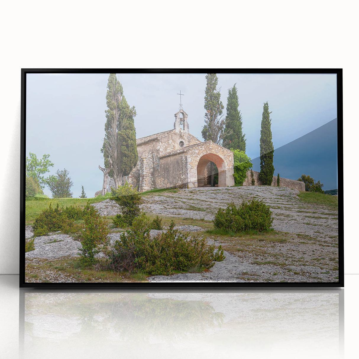 Large abstract wall art depicting a stylized French landscape in black acrylic, framed, ideal for modern art wall decor.