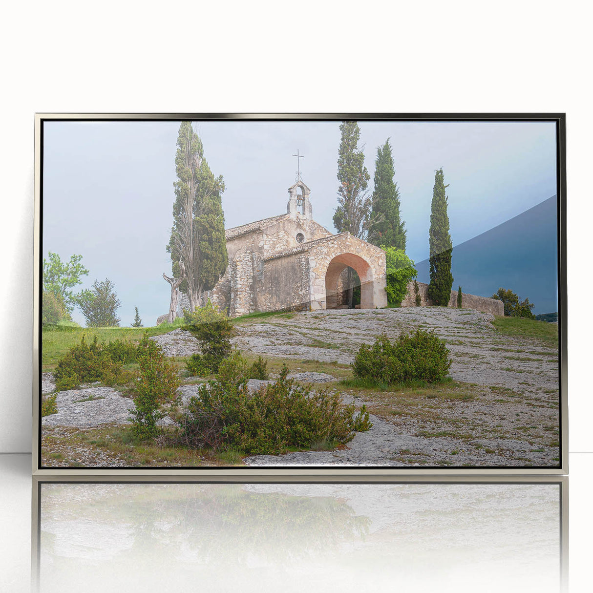 Large acrylic print of a mid-century modernist South France scenery in muted earth tones, ideal for modern art wall decor.
