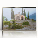 Large acrylic print of a mid-century modernist South France scenery in muted earth tones, ideal for modern art wall decor.