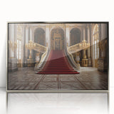 Large art print of the Versailles gardens in muted green and beige tones, framed in silver acrylic.