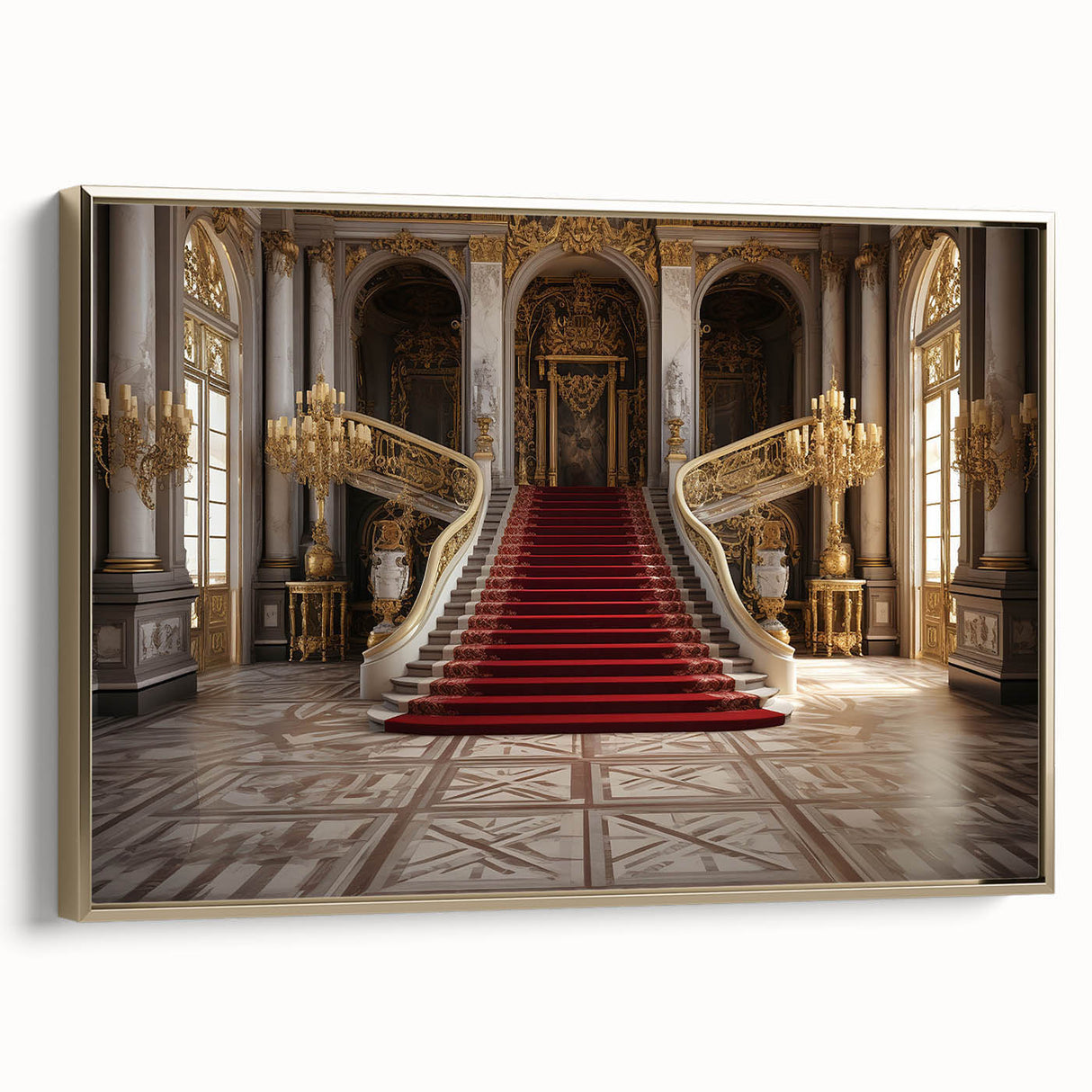 Framed canvas of a vintage-style landscape painting featuring the Versailles gardens in muted gold and black tones.