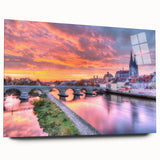 Acrylic print of a Bavarian landscape in muted green and blue tones, ideal for bedroom or dining room art.