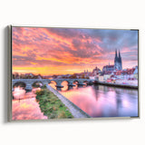 Landscape art painting of Bavarian scenery in a vintage poster style, framed canvas, featuring black and colorful art.