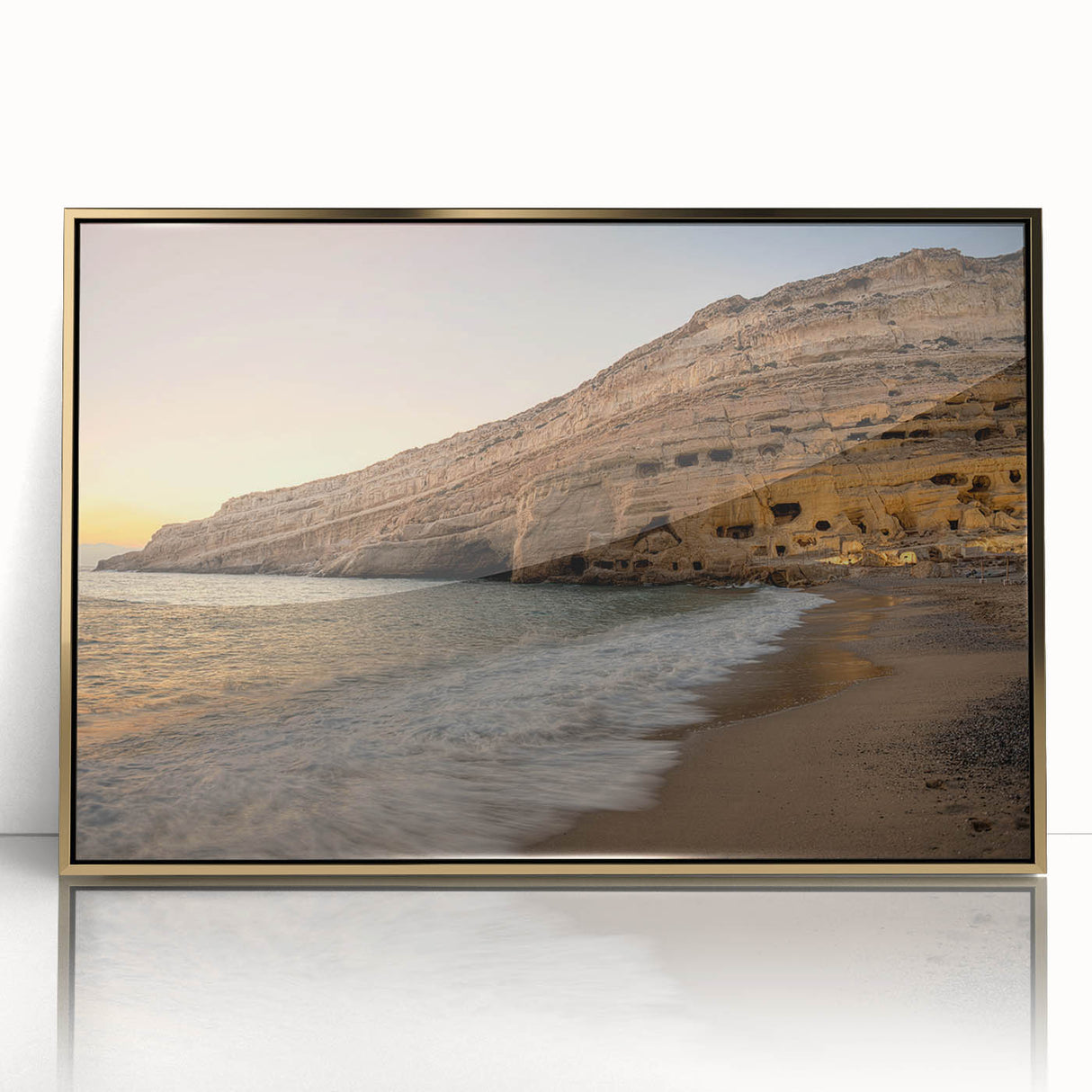 Acrylic print of a Crete, Greece landscape in gold frame, ideal for modern art wall decor.