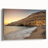Framed canvas featuring a vintage-style landscape painting of Crete, Greece, with vibrant colors on a black background.