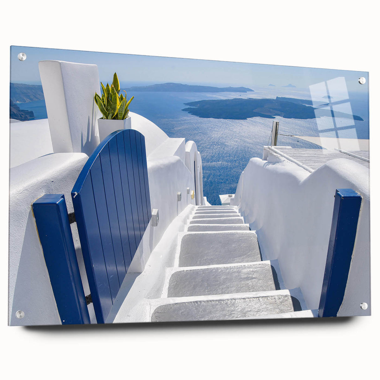 Acrylic glass print of Santorini scenery with blue and white tones, ideal for bedroom or dining room decor.