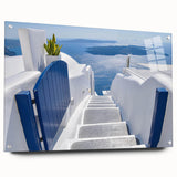 Acrylic glass print of Santorini scenery with blue and white tones, ideal for bedroom or dining room decor.