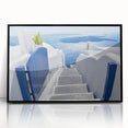 Large abstract wall art depicting the Santorini landscape in vibrant blue and white tones on a framed acrylic.