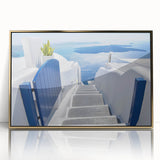 Acrylic print of Santorini scenery with blue and white tones, framed in gold, suitable for modern art wall decor.