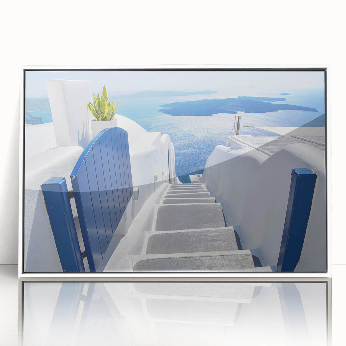 Mid-century modernist art of Santorini, Greece in acrylic, framed, featuring white and blue tones.