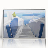 Mid-century modernist art of Santorini, Greece in acrylic, framed, featuring white and blue tones.
